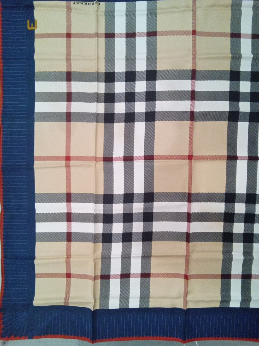 Authentic Burberry Scarf Beige Checked Navy Border Red Trim 90Cm 35" Silk Wrap