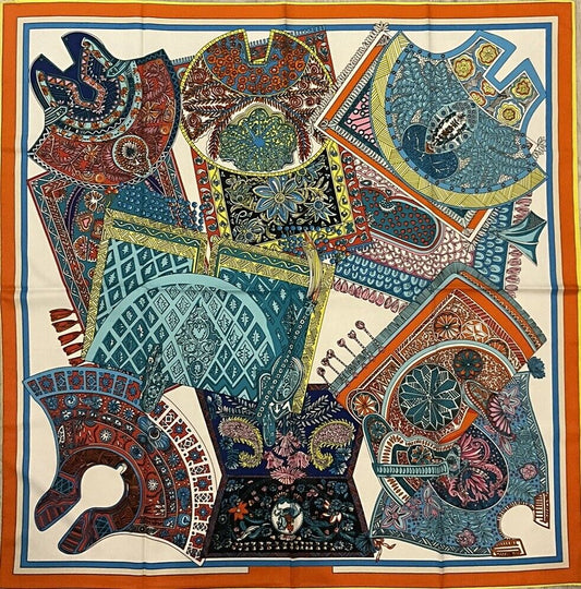 ‘Chainescarf’ 90cm, 35" Square Scarf Rolled Edges, Hermes Style
