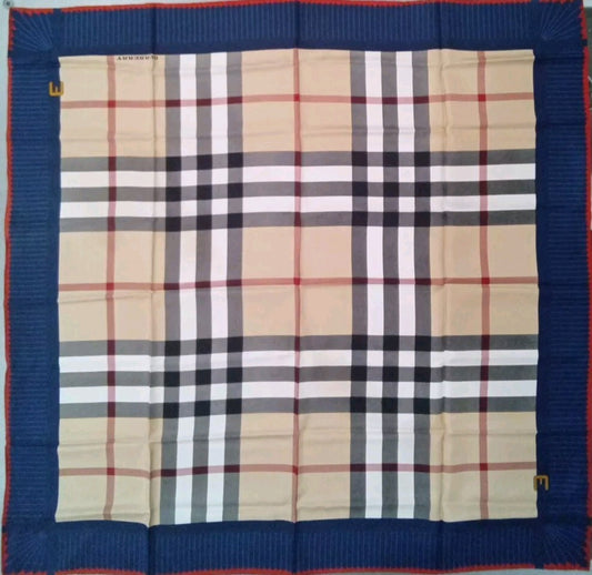 Authentic Burberry Scarf Beige Checked Navy  Border Red Trim 90Cm 35" Silk Wrap